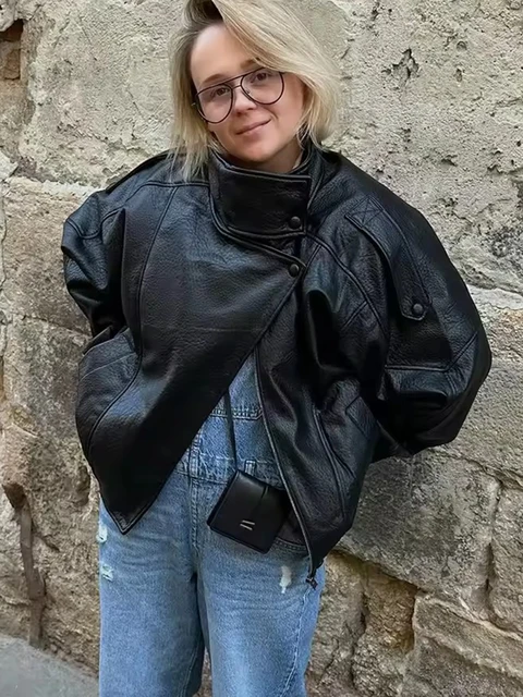TFMLN – vestes Chic en Faux cuir noir pour femme, manteaux surdimensionnés élastiques à manches longues avec boutons, mode automne hiver 2025 5 TFMLN – vestes Chic en Faux cuir noir pour femme, manteaux surdimensionnés élastiques à manches longues avec boutons, mode automne hiver 2025 5