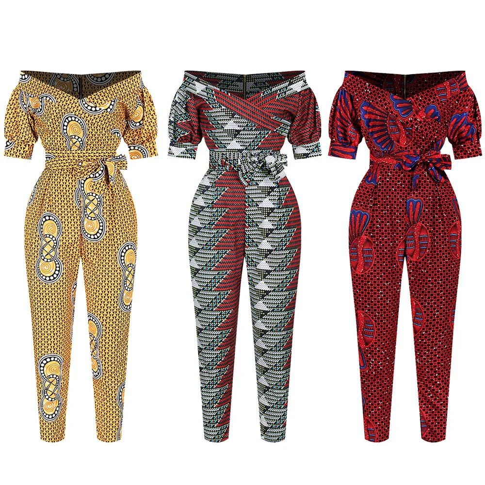 

Fashion Bodycon Rompers Ankara Floral Print Bow Belt bodysuit for Women One shoulder V neck Backless Bazin Africain Jumpsuits