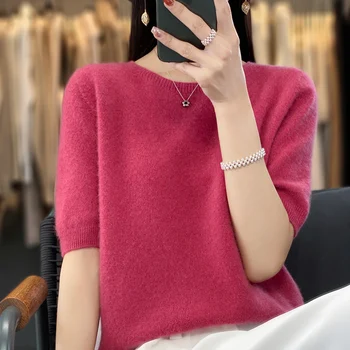 First-line ready-to-wear 100% Merino wool knitted short-sleeved women's loose solid color slim commuter five-point cuff T-shirt 1
