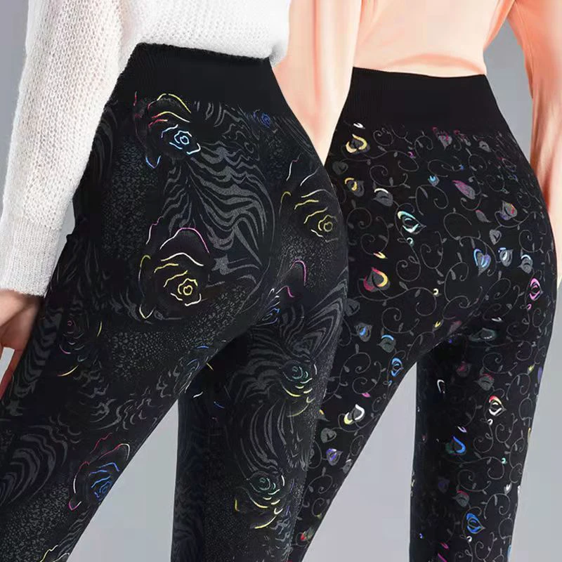 Women's Winter Print Leggings Warm Skinny Pants High Waist Warm Thick Fleece Winter Tight Pants Women Velvet Leggins Woman Black