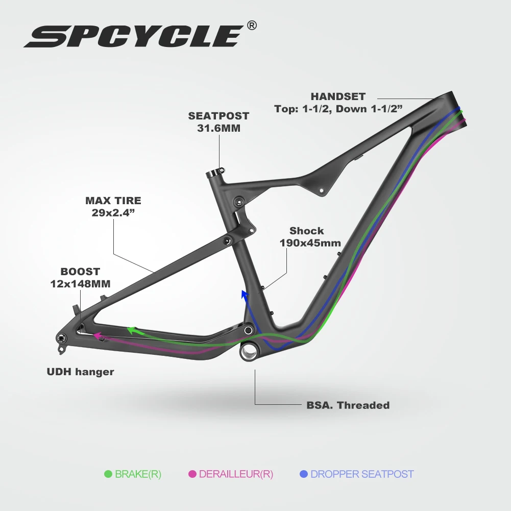Spcycle 2025 New 29er Full Suspension Carbon MTB Frame Travel