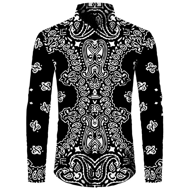 

NEW Men's Vintage Pattern Print Long Sleeve Shirt Turn-down Collar Buttoned Tops Hip Hop Casual Streetwear Social Party Clothing