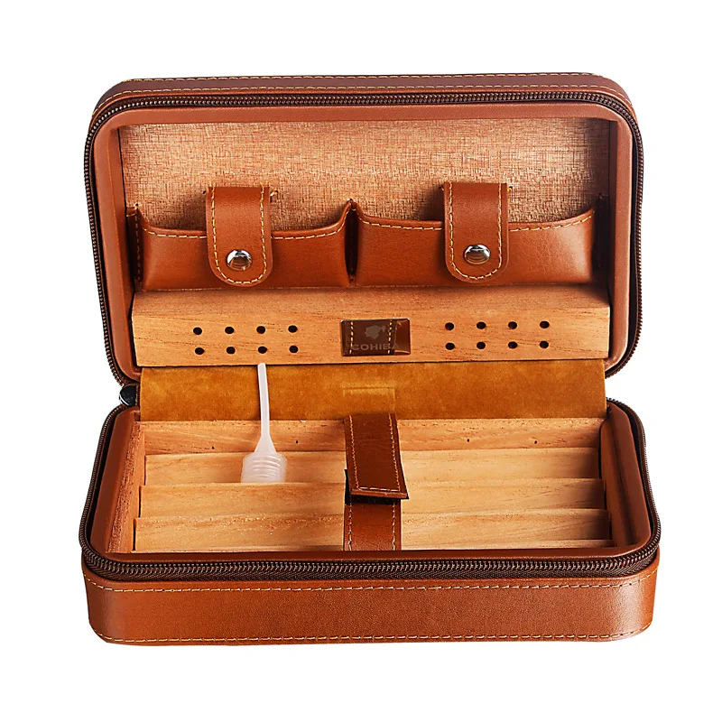 

Cigar Box Humidor Portable Cedar Wood Leather Cigar Case Outdoor Travel Light Cigar Storage Box For 4 Cigars
