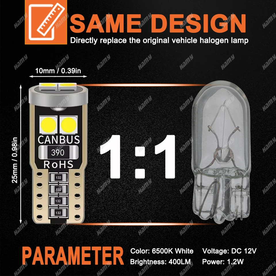 2 Pièces T10 W5W Ampoule LED Canbus Sans Erreur 12V 6500K Blanc Voiture Cale Feux Latéraux Intérieur Dôme Porte Cofe Plaque D'immatriculation Lampes