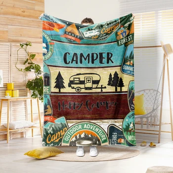 camper and forest pattern printed blanket 1
