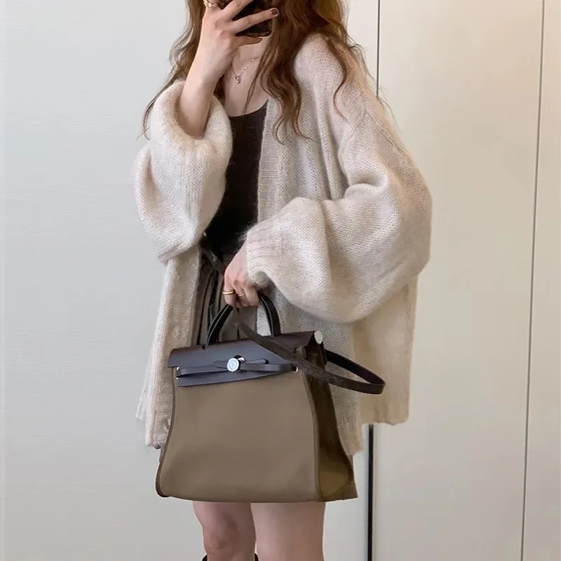 Autumn and Winter New Women's Solid Color Cardigan Sweater Fashion Casual Single-breasted Lantern Sleeve Sweater Jacket
