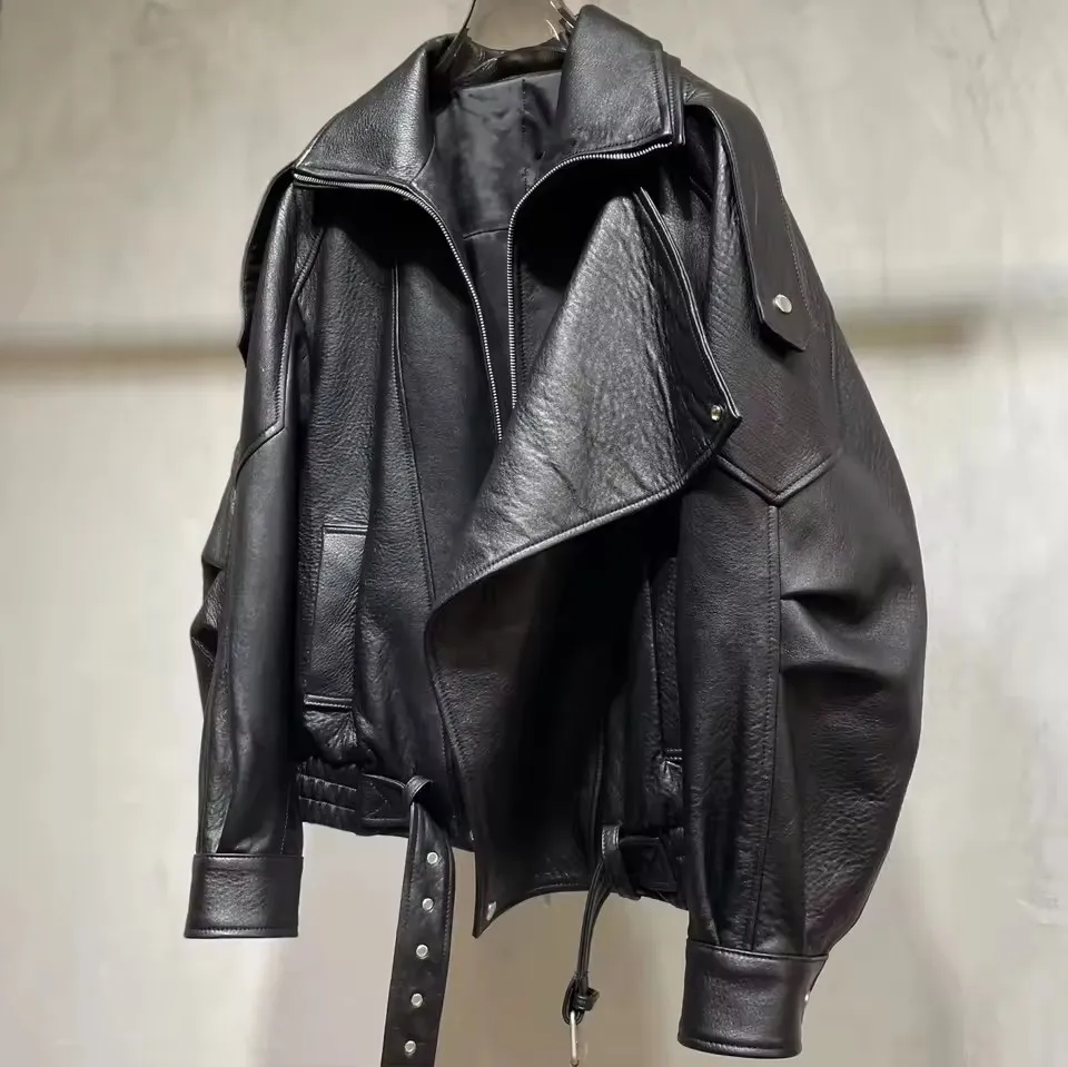 YOLOAgain veste en cuir véritable pour femme 2025 automne surdimensionné Vintage manteau en peau de mouton femme