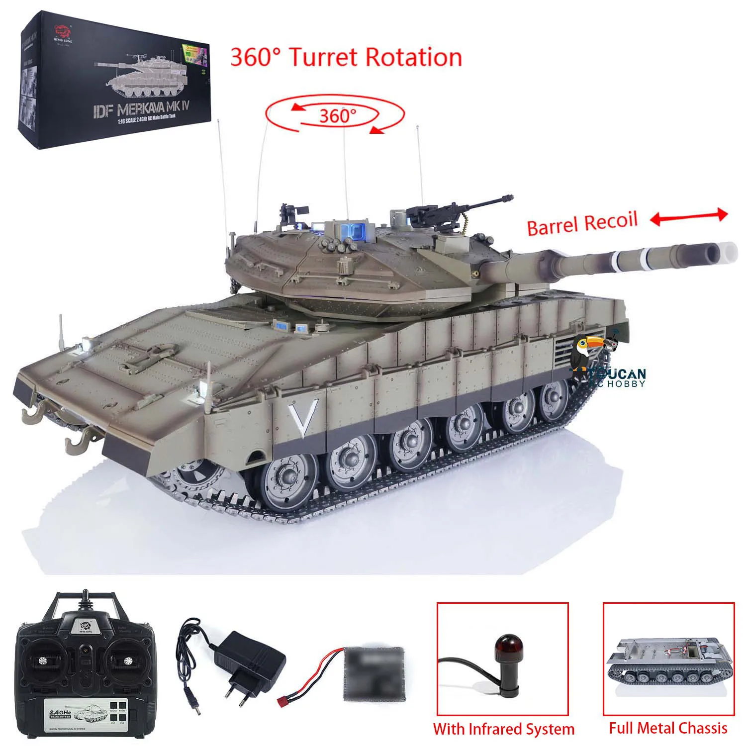 헝롱 1/16 풀 메탈 섀시 RC 메르카바 전차 IDF MK IV TK 7.1 적외선 레이저 조준등 휠 모델 장난감 TH22667