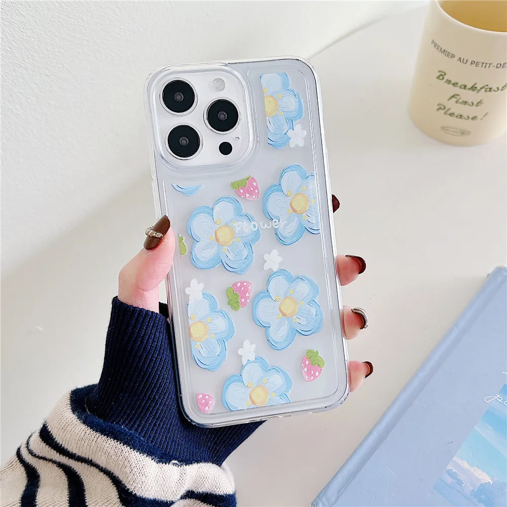 Coque de téléphone à fleurs mignonnes de style coréen INS pour iPhone 15 14 12 13 11 Pro Max 14Plus 15Plus en silicone souple transparent résistant aux chocs_voghion.com