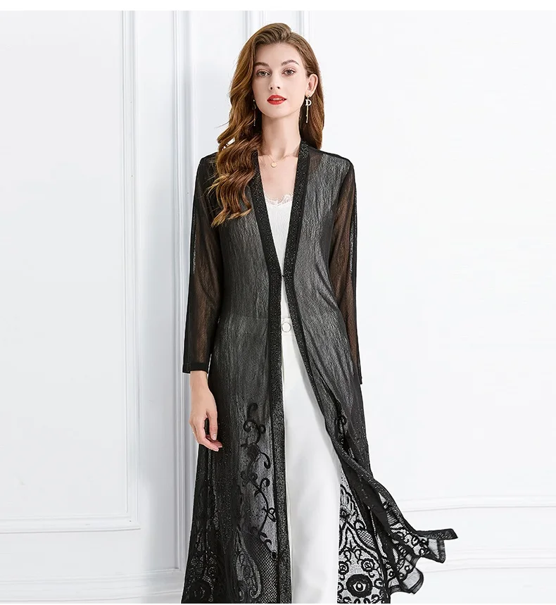 

Casacos Feminino 2022 Autumn Long Coats Outerwear Women Lurex Embroidery Beading Deco Long Sleeve Casual Black Overcoats Female