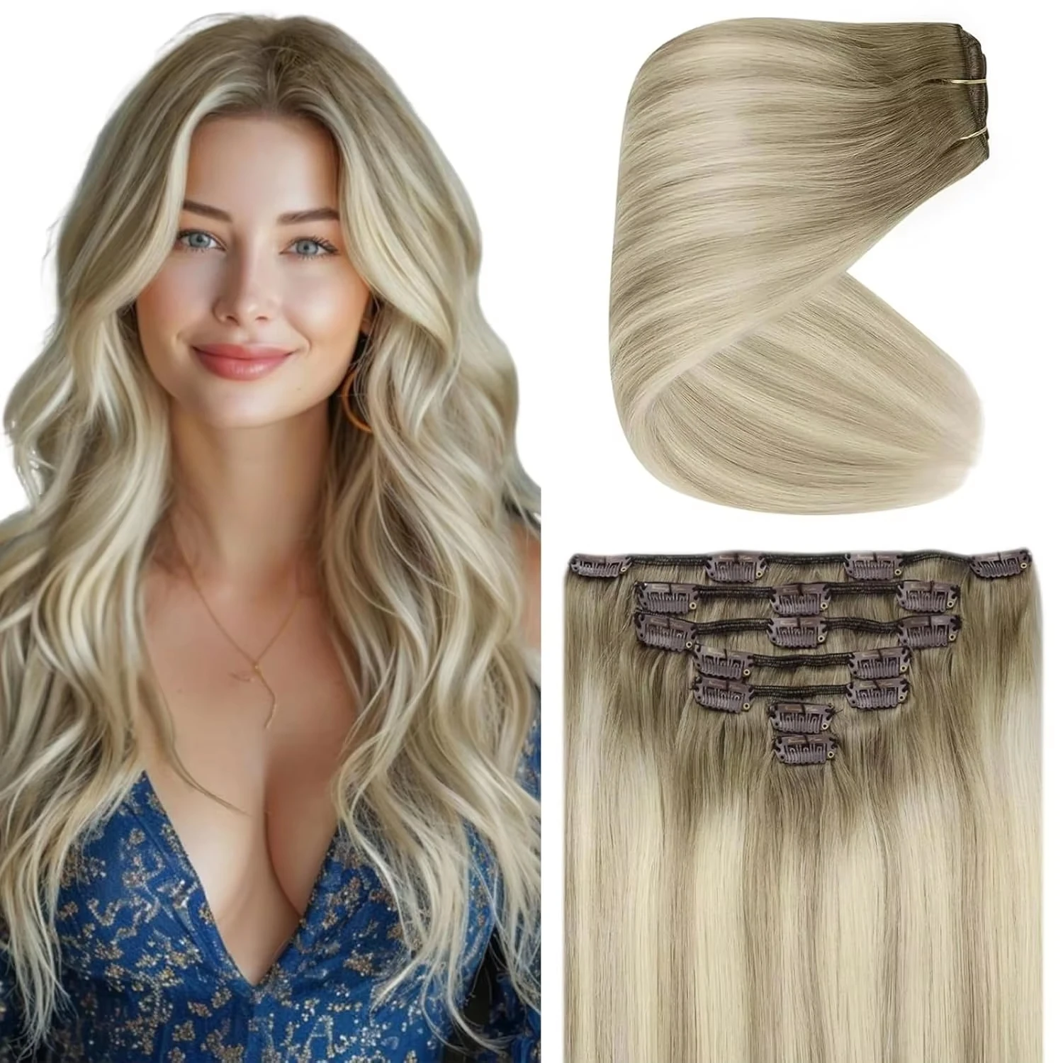 Ombre Black Clip in Hair Extensions with Lace Blend of Black and Silver with Roots Human Hair For Salon 7Pcs 120G human hair extensions