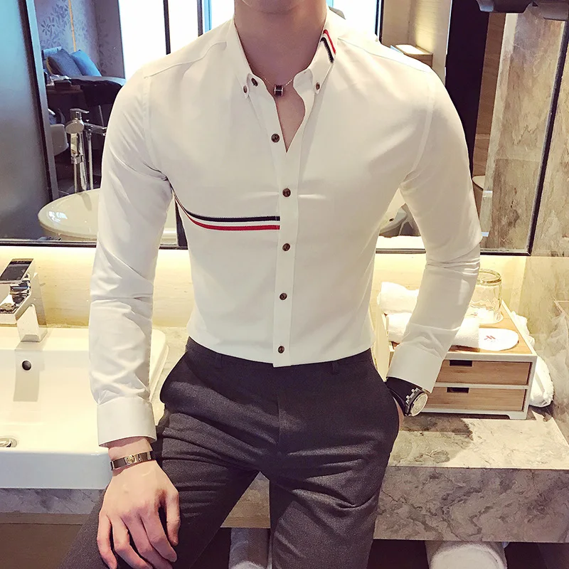 Men's Shirt 2022 New Arrival Spring Autumn Fashion Slim Colorful Stripes Male Shirt White Korean Style b51