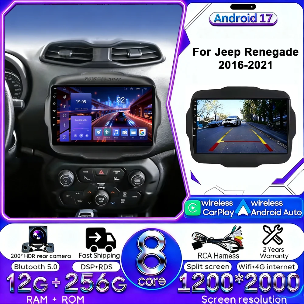 Radio para Auto Android 17 para Jeep Renegade 2016-2020, Carplay, WiFi, 4G, Cámara, GPS, Navegación, Unidad Principal Multimedia 2 Din 1