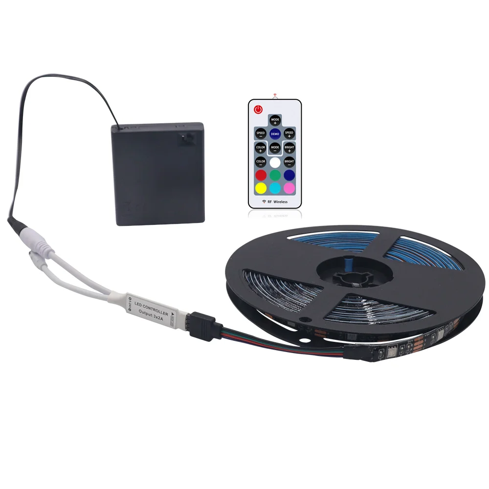 thumbnail image 1 of Tira de luces LED RGB con control remoto de 5 V CC, 5050, 30 LED/m, funciona con pilas, cambia de color, resistente al agua, cinta de luces, 1 of 5