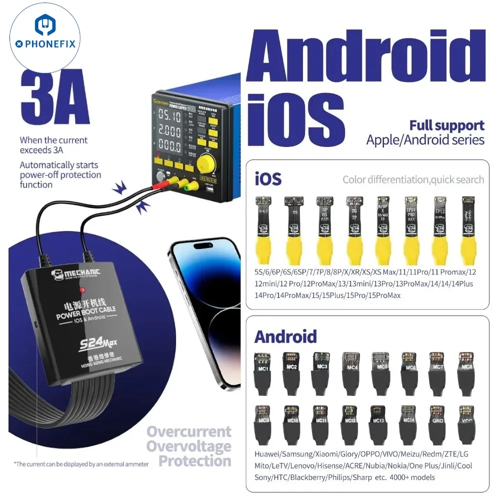 MECHANIC S24 iPhone 5S-15Pro Max 및 안드로이드 휴대 전화 부팅 라인 스위치 전원 공급 장치 코드 용 최대 전원 공급 장치 테스트 케이블