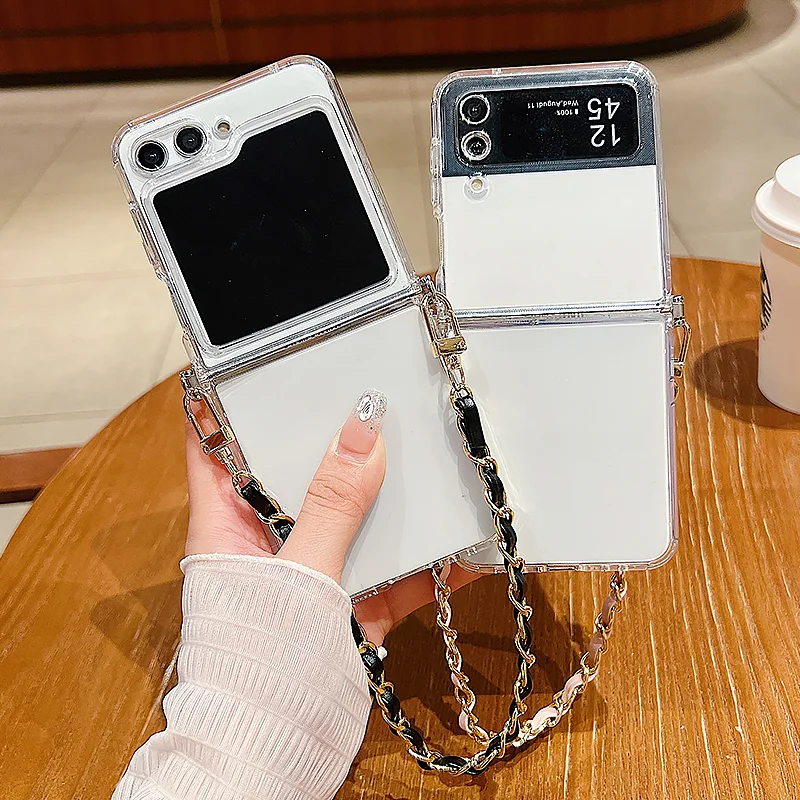 Luxury Metal Lanyard Clear Folding Phone Case with Soft Silicone Cover