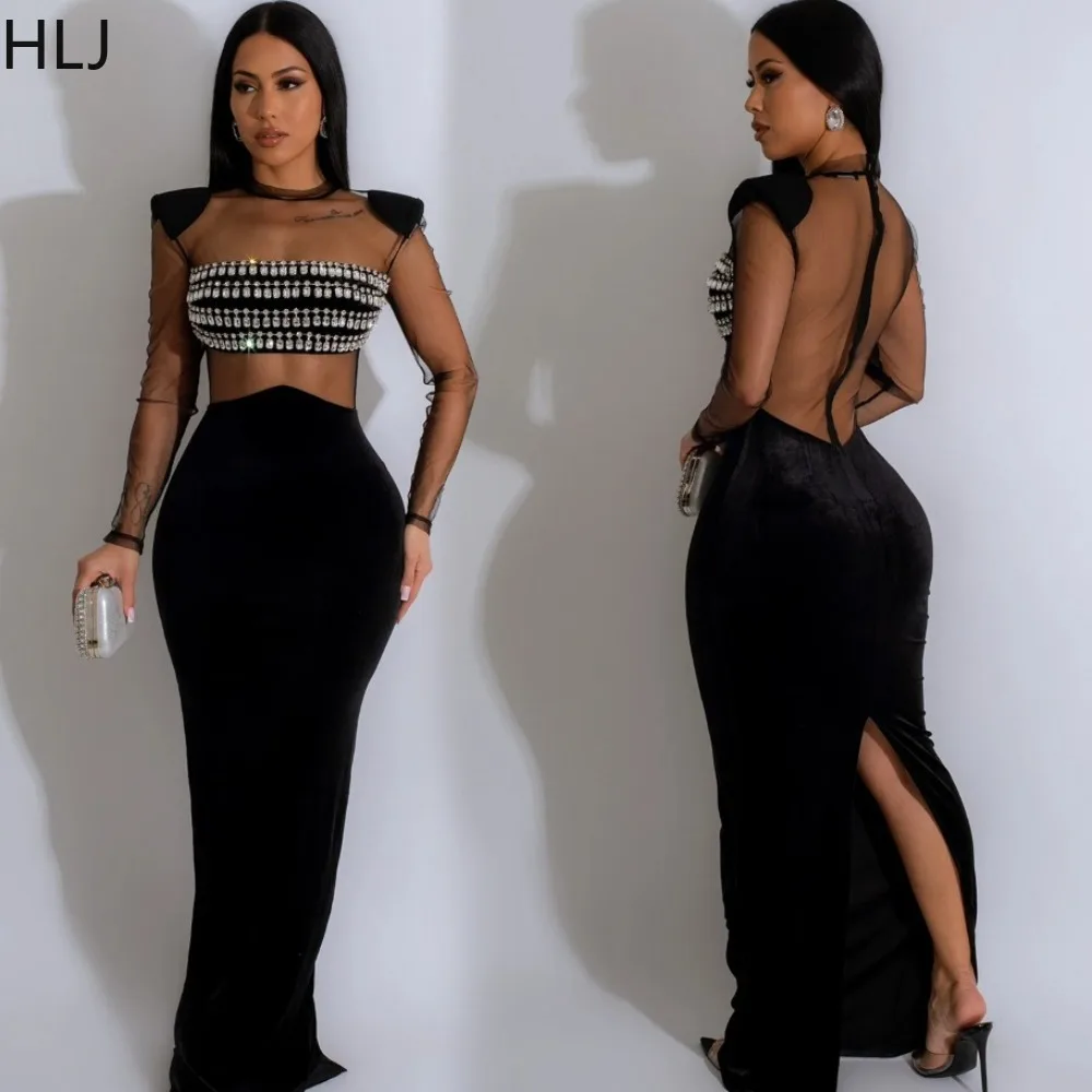 

HLJ Sexy Mesh Perspective Rhinestone Bodycon Party Club Dresses Women Round Neck Long Sleeve Slim Slit Vestidos Fashion Clothing