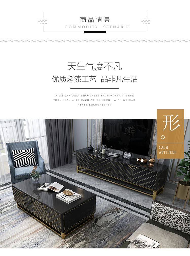MANBAS Designer Living Room Furniture Set with Stainless Steel TV Stand, Coffee Table,and Dining Side Cabinet In Gilding Process