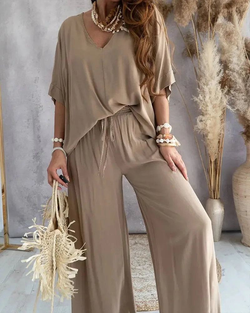 Chic Casual 2Pc Suits Summer Fashion V-neck Blouse and Tie-up Straight Pants Sets Women Elegant Batwing Sleeve Homewear Outfits