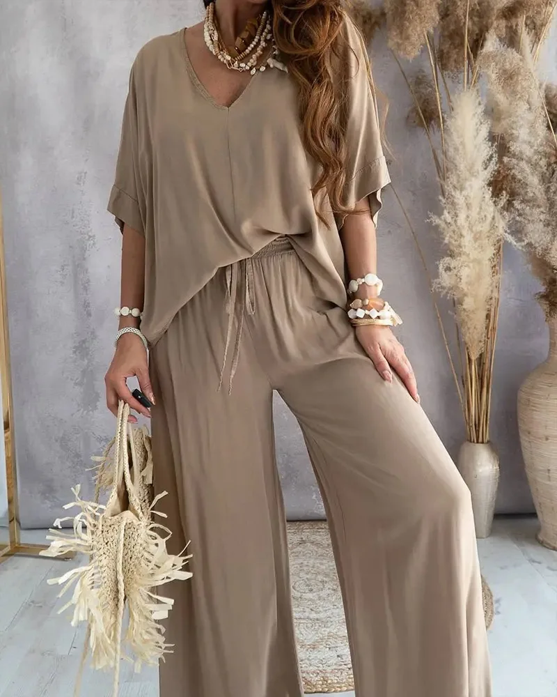 

Long Pant Two Piece Set for Women 2023 Summer V neck Bat Sleeve Casual Loose Wide-leg Pants 2 Piece Set Solid Office Lady Outfit