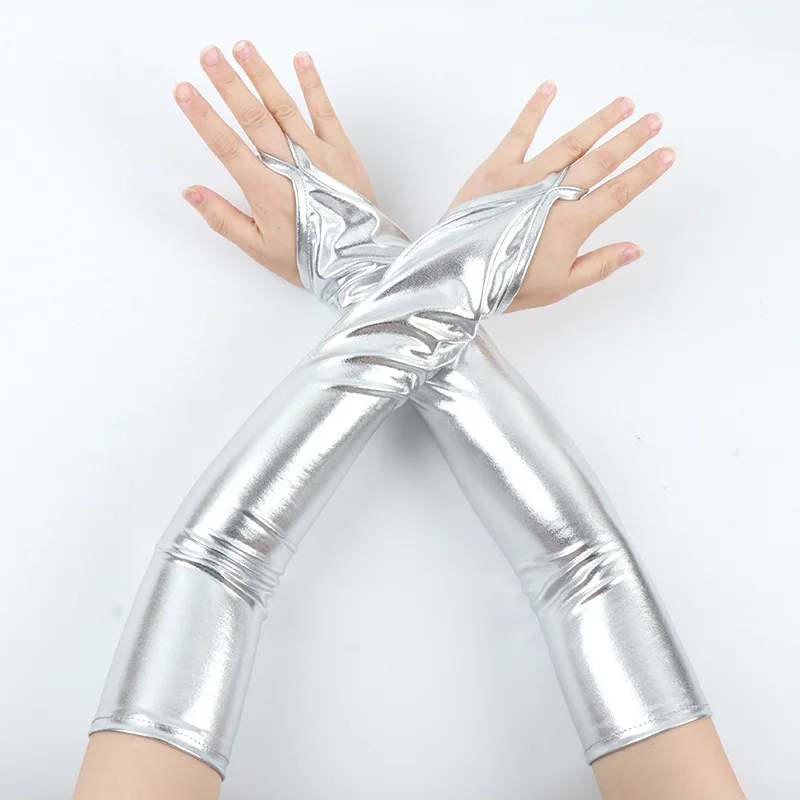 48cm Womens Lacquer Leather Hook Finger Long Gloves Cosplay Nightclub Pole Dance Performance Sexy Fingerless Mittens Accessory