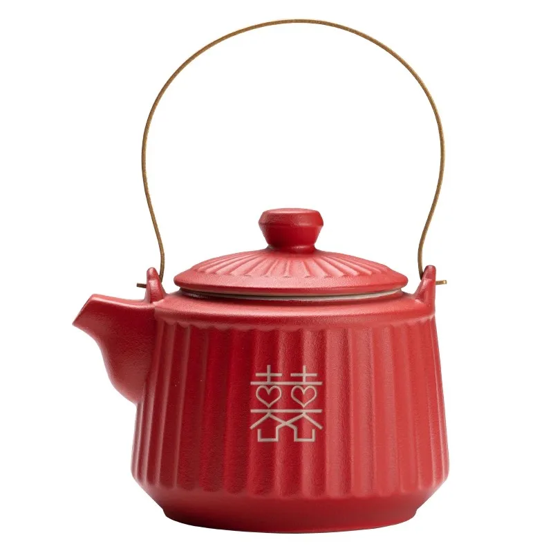 Gift for Newlyweds, Chinese Wedding Tea Set, Red Enamel Double Happiness Cups, High End Bride Dowry Gift for Best Friend, Couple