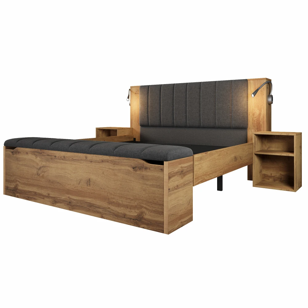 Doppelbett aus Holz mit klappbarem Kopfteil, Leinen, Bett mit Stauraum und zwei Nachttischen, Leselampen mit USB, Schiefergrau – Detail 21