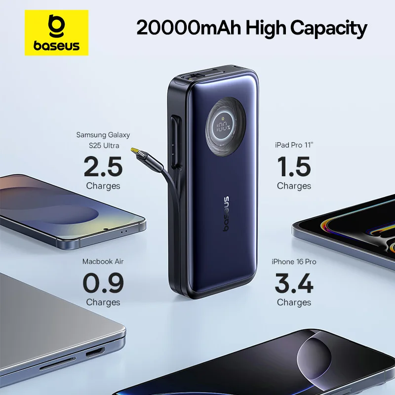 Baseus 100W 20000mAh Power Bank Built-In Retractable USB-C Cable PD External Battery PowerBank For MacBook Pro iPhone 17 Samsung