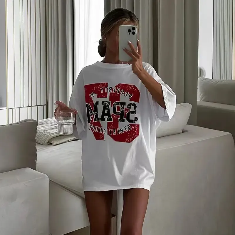 Tunan Summer American Women High end Ins Printed Short sleeved T shirt Trendy Korean Personality College Style Slim Loose Top