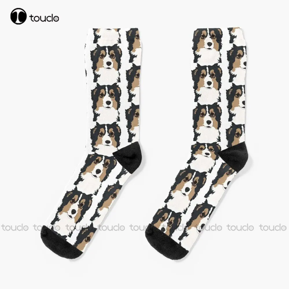 

Black Tri Aussie Portrait / Black Tricolor Australian Shepherd Dog Socks Novelty Socks 360° Digital Print Custom Gift Streetwear