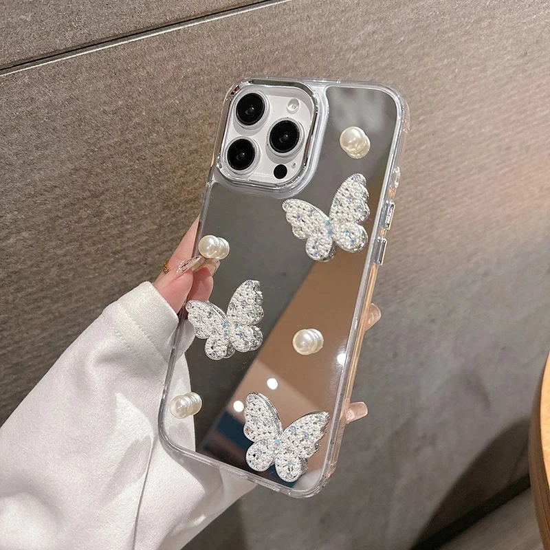 Pearl 3D Butterfly Makeup Mirror Phone Case
