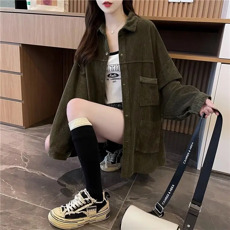 여성용 루즈 솔리드 폴로 칼라 패치워크 단추 포켓 용수철, 가을 랜턴 소매, 캐주얼 올 매치 셔츠, 가디건 코트