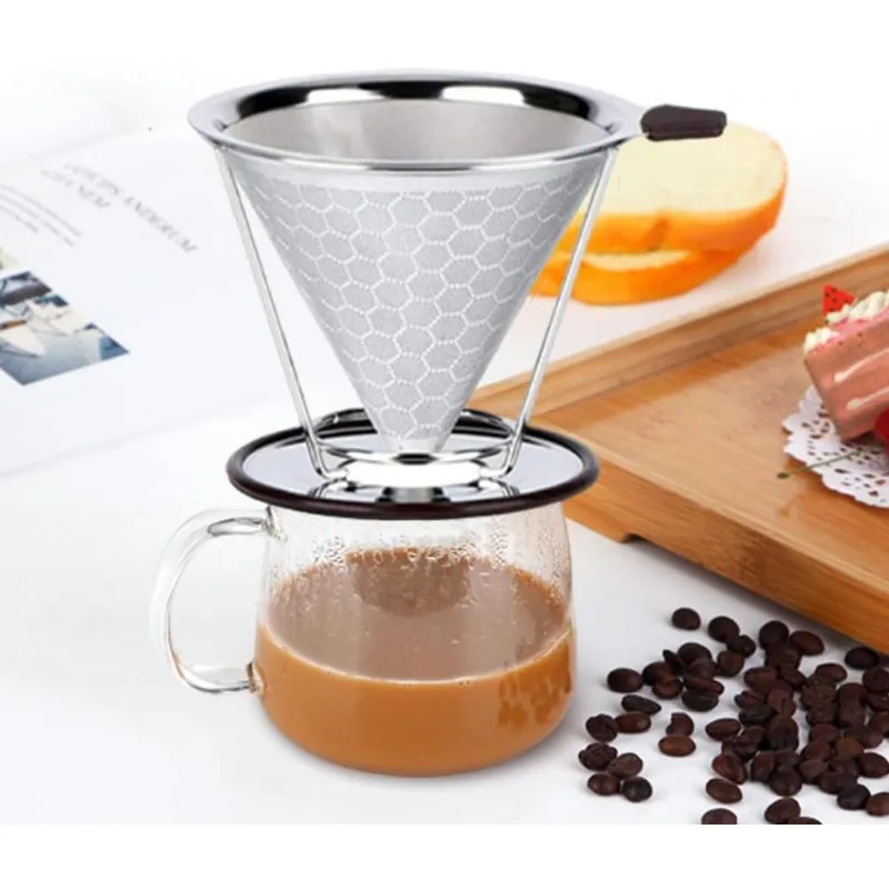 Stainless Steel Cone Coffee Filter Reusable Paperless Dripper with Non-Slip Cup Holder Single Cup Coffee Brewing  Tool
