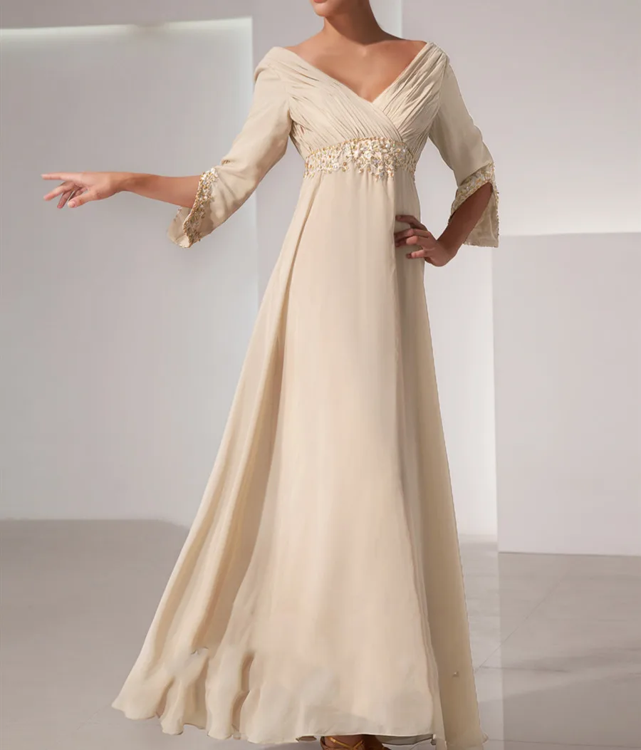 

2023 V Neck Chiffon Pleated Evening Dress Luxury Beaded Lace Applique Elegant Prom Party Gown Illusion Mother of the Bride Dress