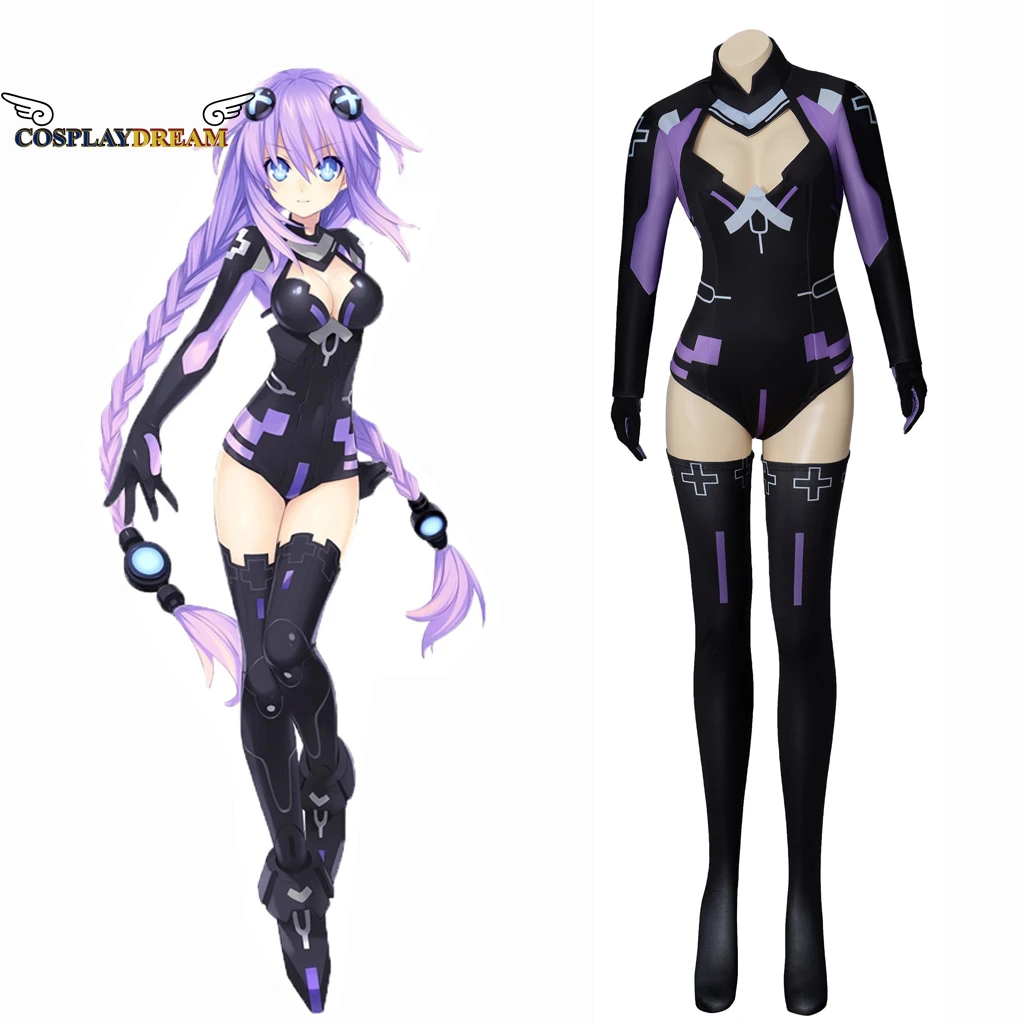 

Hyperdimension Neptunia Neptune Cosplay Neptune Black Purple Heart Bodysuit with Gloves Stocking Women Halloween Sexy Jumpsuit