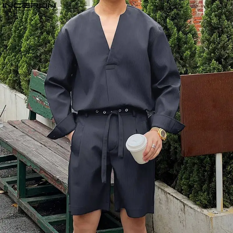 

INCERUN Men Sets Solid Color Loose V Neck Long Sleeve Shirt & Shorts Two Pieces Sets 2023 Streetwear Men's Casual Suits S-5XL