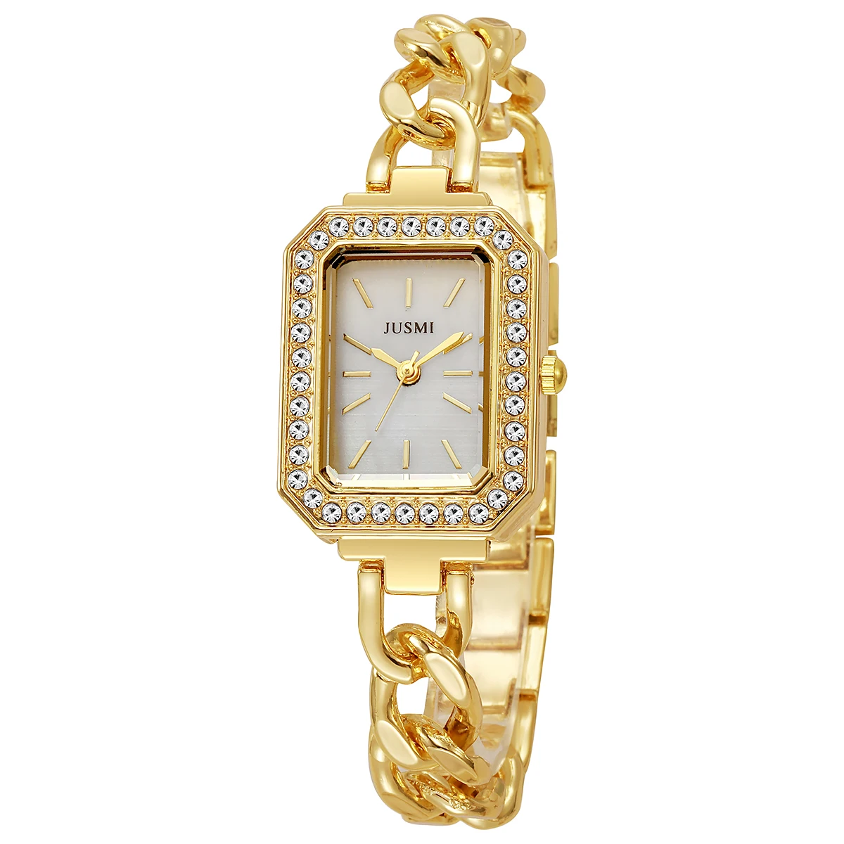 Ladies' high-value fashion bar scale square dial buckle shaped steel strip inlaid with diamonds outer shell quartz watch 6