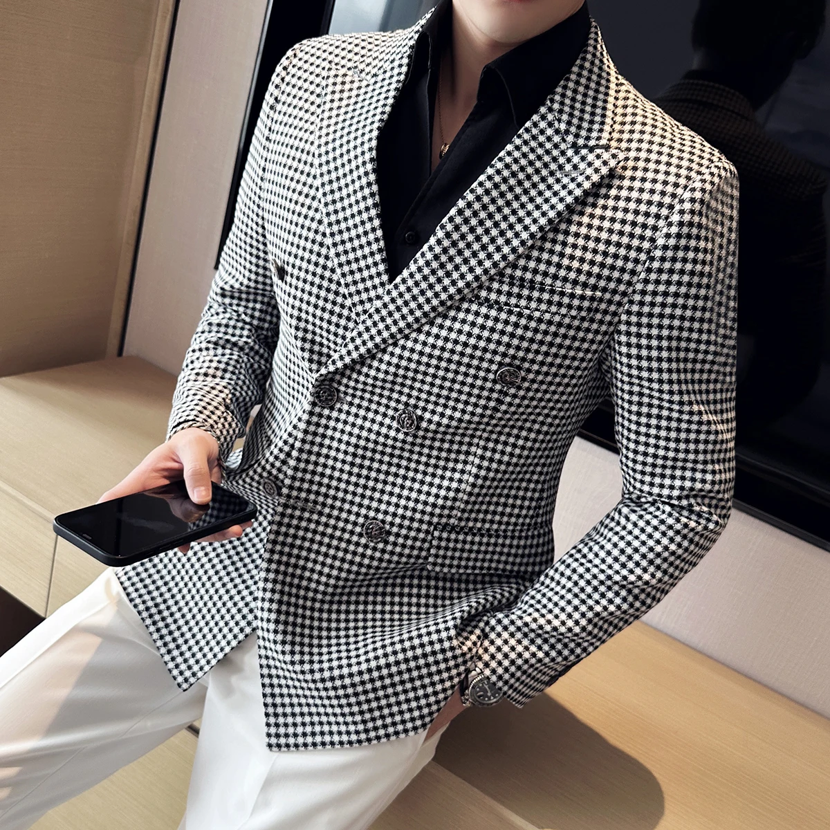 British Style Fashion Double Breasted Casual Blazer Coat Men Check Slim Fit Suit Jacket Formal Office Wedding Tuxedo Jacket