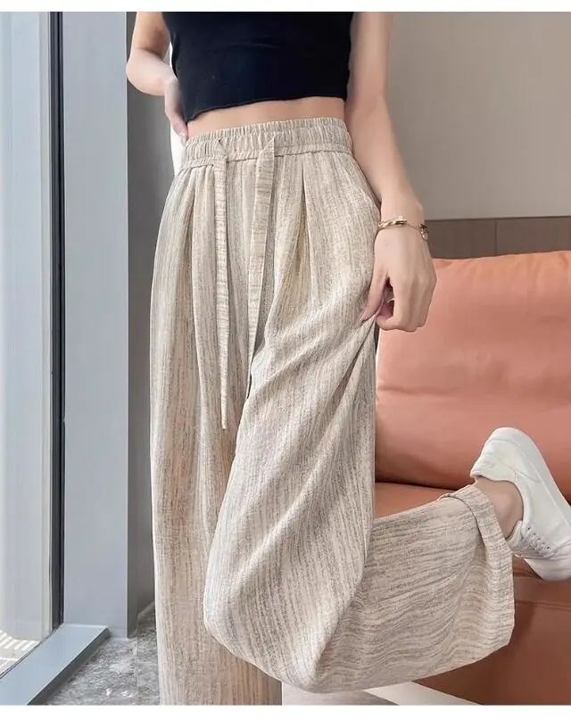 Women's High Waist Wide Leg Pants 2026 Summer Ice Silk Linen Loose Fit Flowy Straight Leg Casual Trousers Women Pants Sweatpants_ecoleips.com