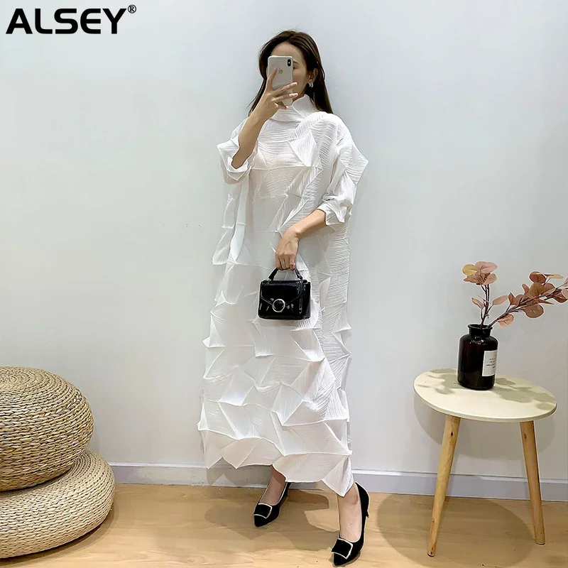 

ALSEY Miyake Miyake Pleated Dress Long Fashion Irregular High Collar Dress Luxury Temperament Elegant Party Dresses for Women