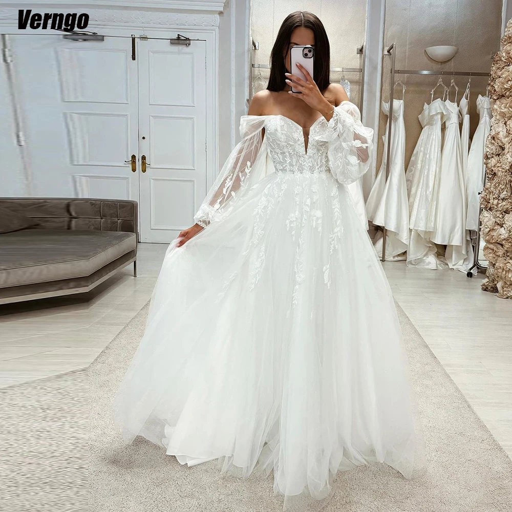 

Verngo A-line Boho Wedding Dresses Tulle Off Shoulder Long Sleeves Lace Appliques Bridal Gown Bridal Dress Vestido De Novia
