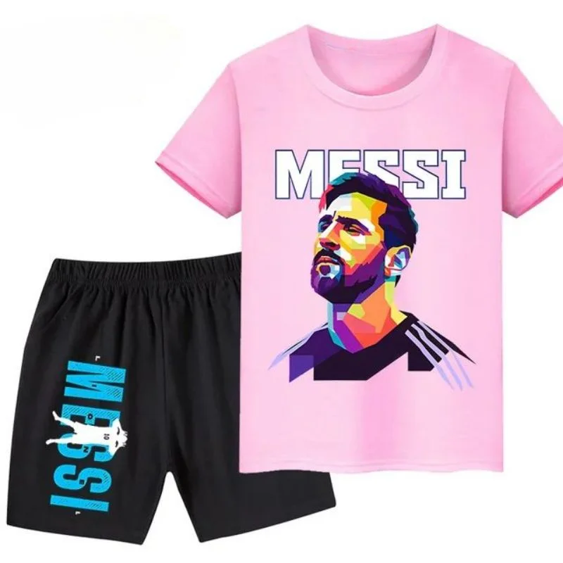 thumbnail image 1 of Camiseta con estampado de Messi de verano para niños y adolescentes, ropa de verano para niños y niñas, camiseta y pantalones cortos, conjunto de 2 piezas, traje deportivo de manga corta, 1 of 5