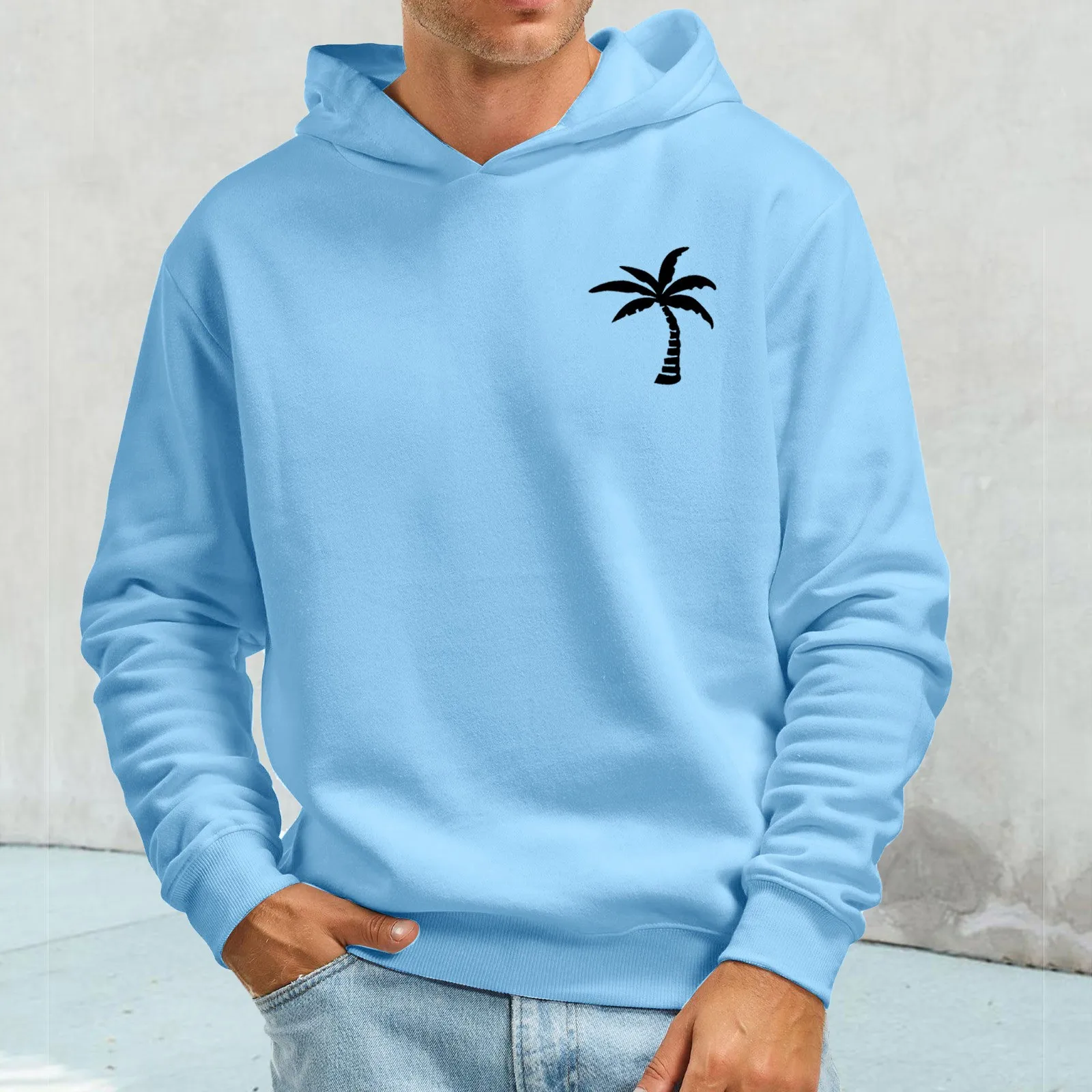 

Mens Casual Fashion Solid Color Cordless Hoodie With Velvet Pocket