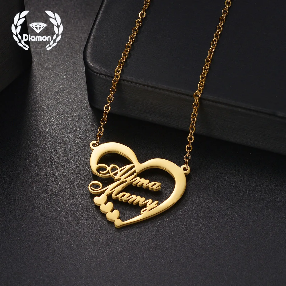 

Diamon Personalized Custom Name Necklace Stainless Steel Jewelry Hollow Heart 2 Names Chock Chain Pendant for Women Jewelry Gift