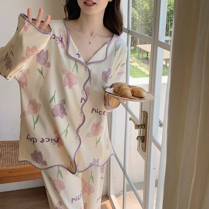 Autumn Winter Women's Cotton Pajamas Long Sleeve Cardigan Pants Loose Fit Oversized Jacquard Home Clothing Set Sweet Sleepwear