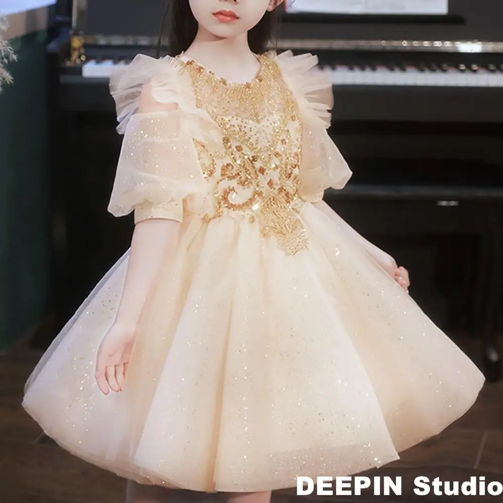 

Children's Princess Dress 2024 New Flower Girls Host Children's Evening Dress Kids Catwalk Puffy Gauze Piano Performance Costume