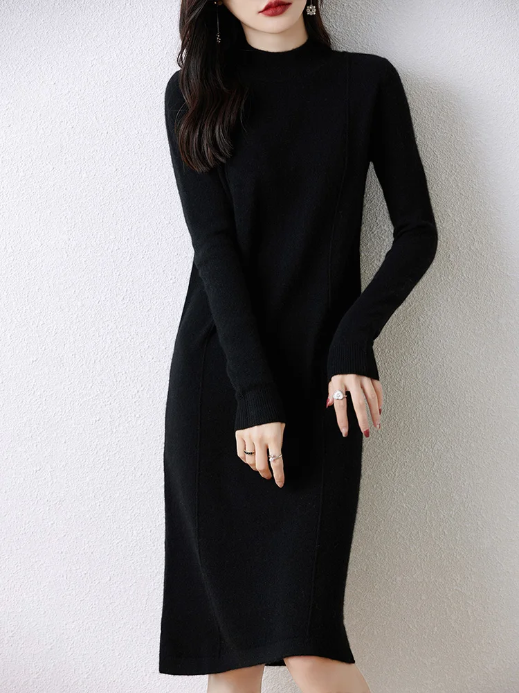 Women's Cashmere Sweater Dress, 100 Pure Wool, Long, Semi-Turtle Neck, Skirt, Loose, Autumn, Winter 5