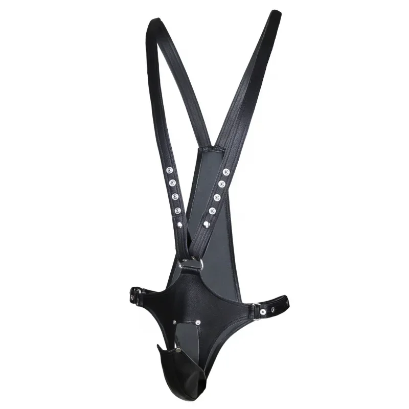 Men Sexy Jockstrap Underwear Faux Leather Bodysuits G Strings Thong Erotic Suspender Jumpsuits Gay Leather Penis Pouch Jumpsuit
