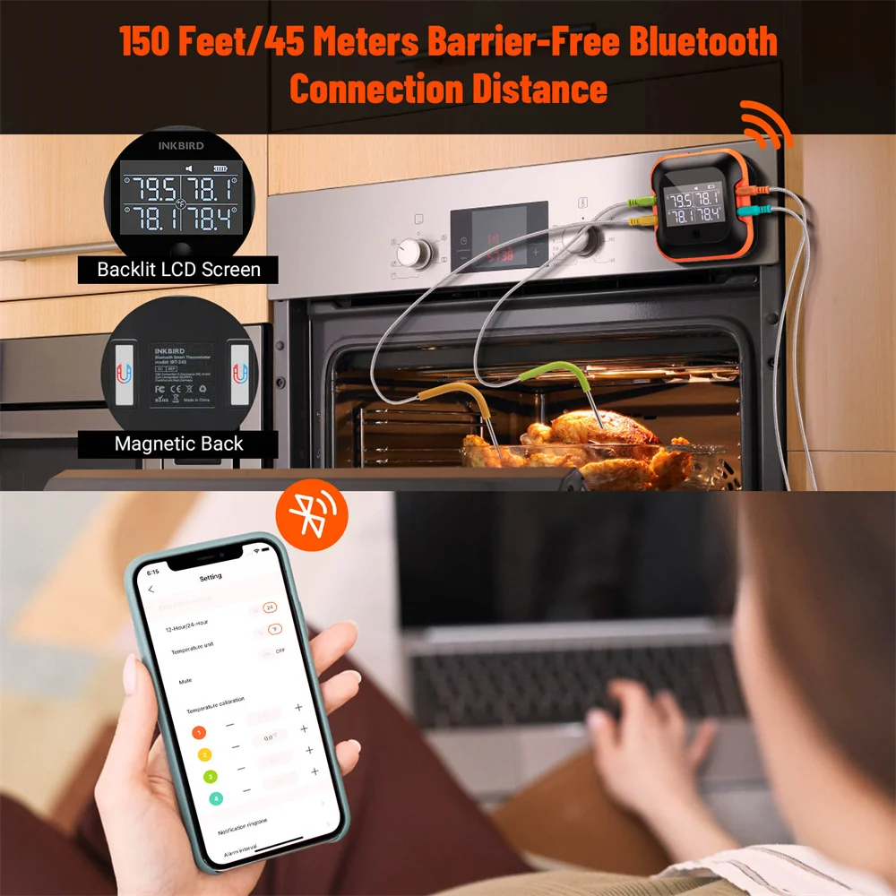 INKBIRD 블루투스 고기 온도계, 대형 백라이트 LCD 및 알람, 야외 캠핑 바베큐 온도계, 4 프로브