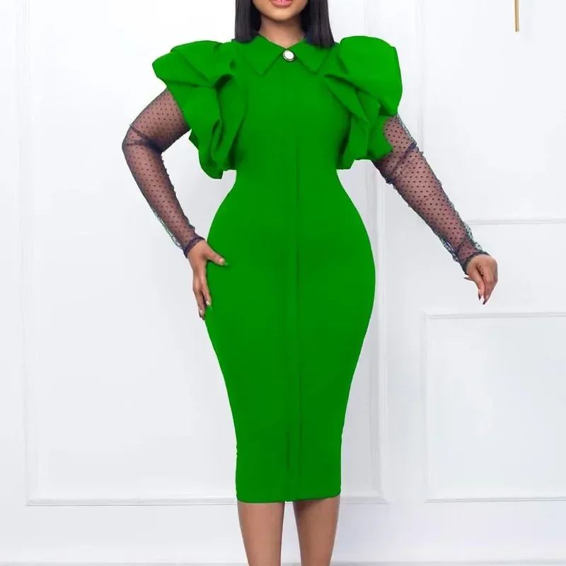 2023 African Dresses for Women Ruffles Patchwork Mesh Long Sleeve Elegant Office Ladies Work Wear Autumn Winter Midi Dress